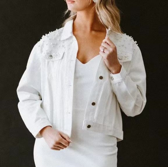 Pearl Beaded Cropped Denim Jacket - White