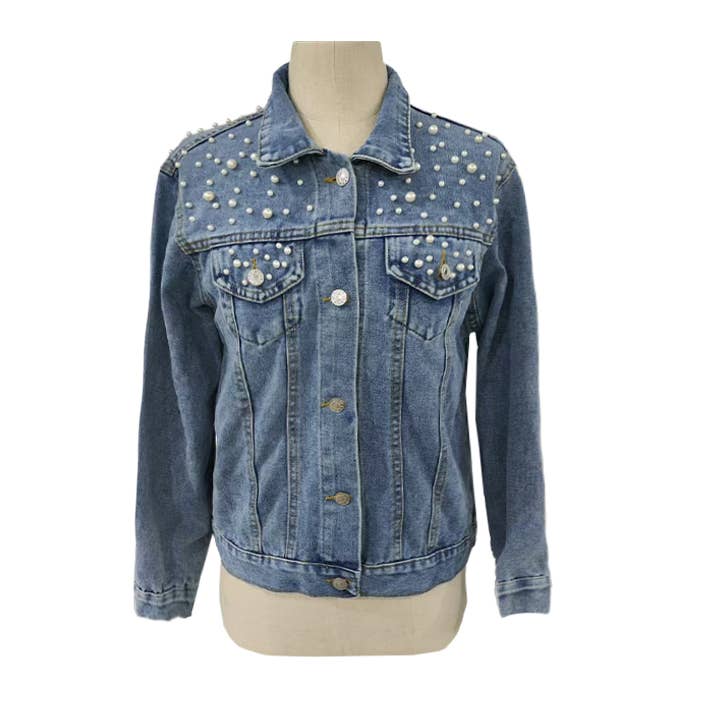 Pearl Beaded Cropped Denim Jacket