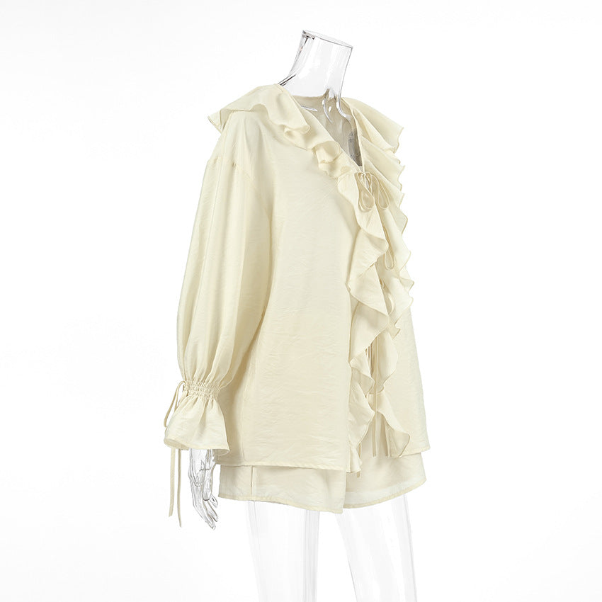 Ruffle Tie Front Blouse Shorts Two Piece Set - Beige