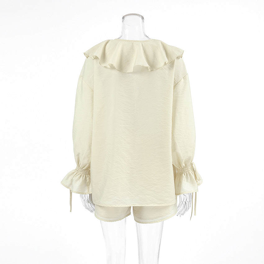 Ruffle Tie Front Blouse Shorts Two Piece Set - Beige - 1
