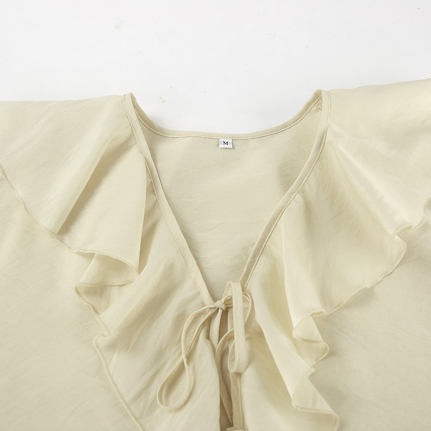 Ruffle Tie Front Blouse Shorts Two Piece Set - Beige - 2