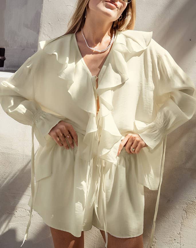 Ruffle Tie Front Blouse Shorts Two Piece Set