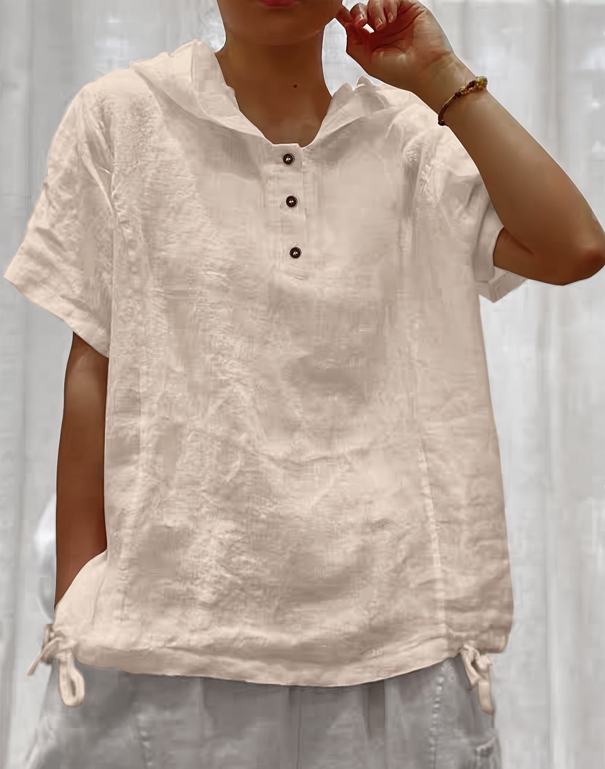 Hooded Henley Tee With Drawstring Hem - Apricot