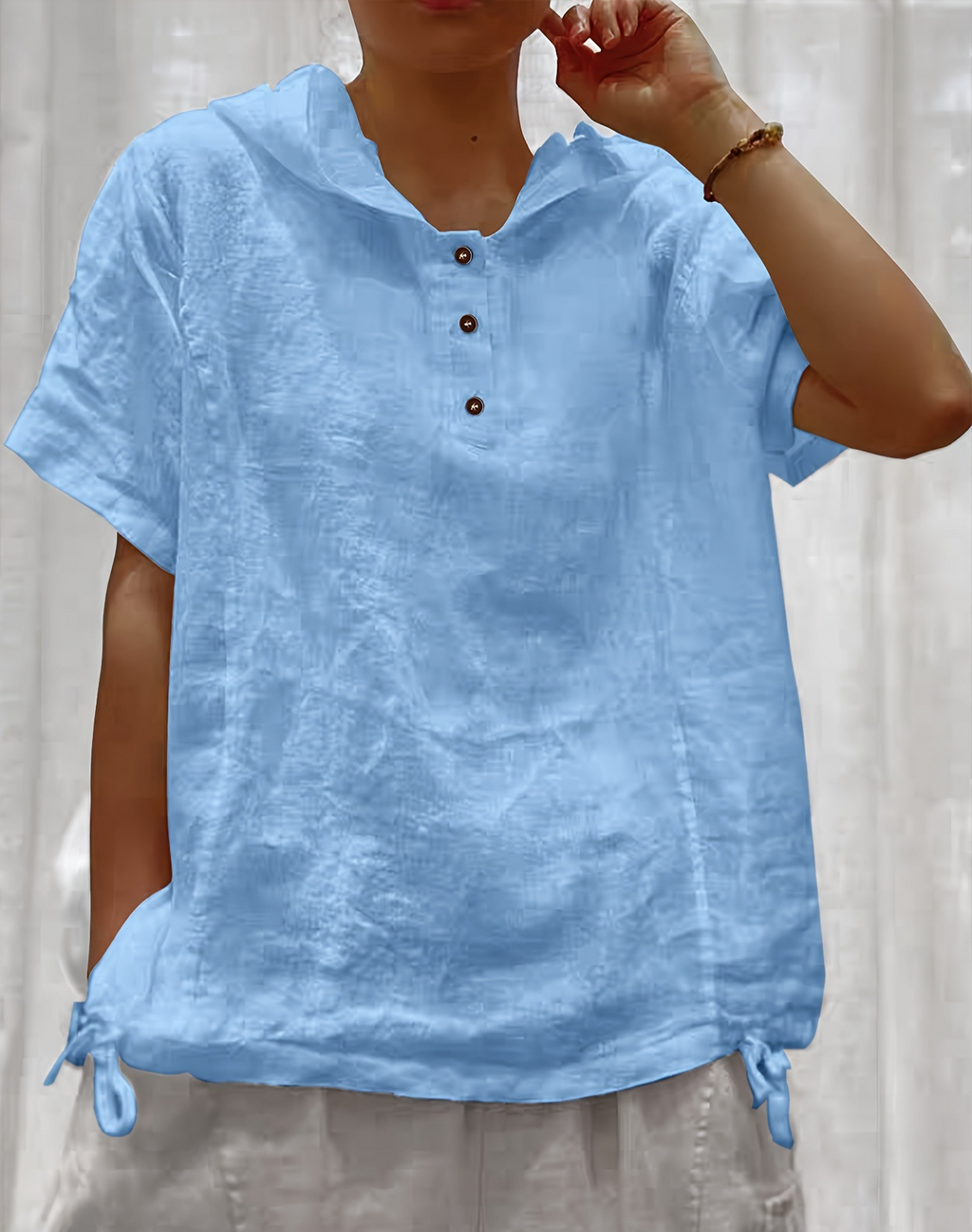 Hooded Henley Tee With Drawstring Hem - Blue