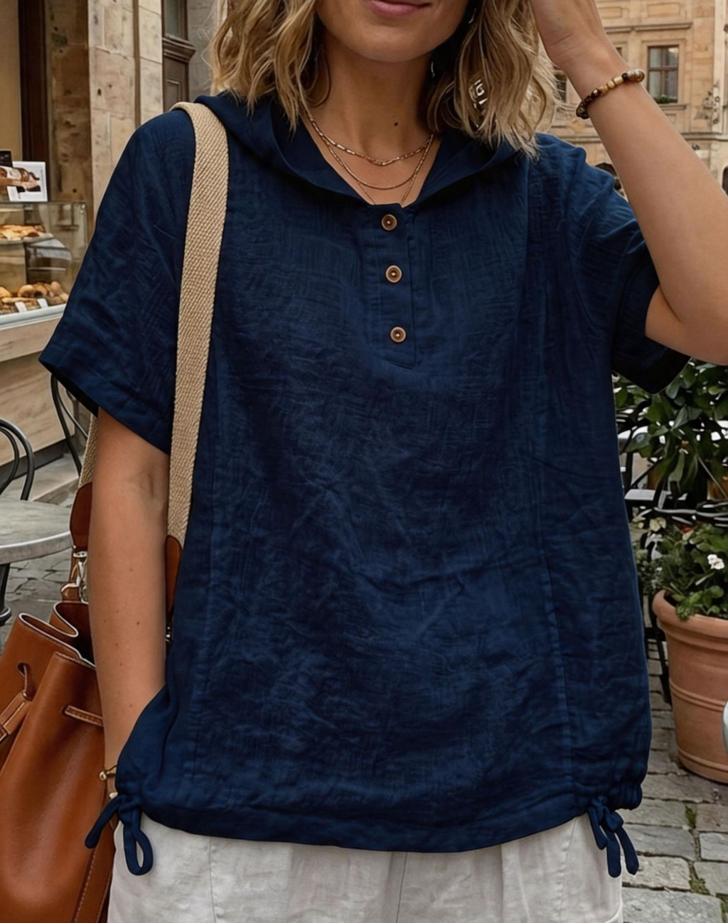 Hooded Henley Tee With Drawstring Hem - NavyBlue