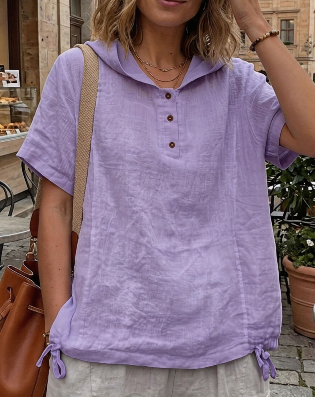 Hooded Henley Tee With Drawstring Hem - Purple