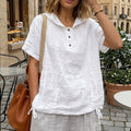 Hooded Henley Tee With Drawstring Hem - White