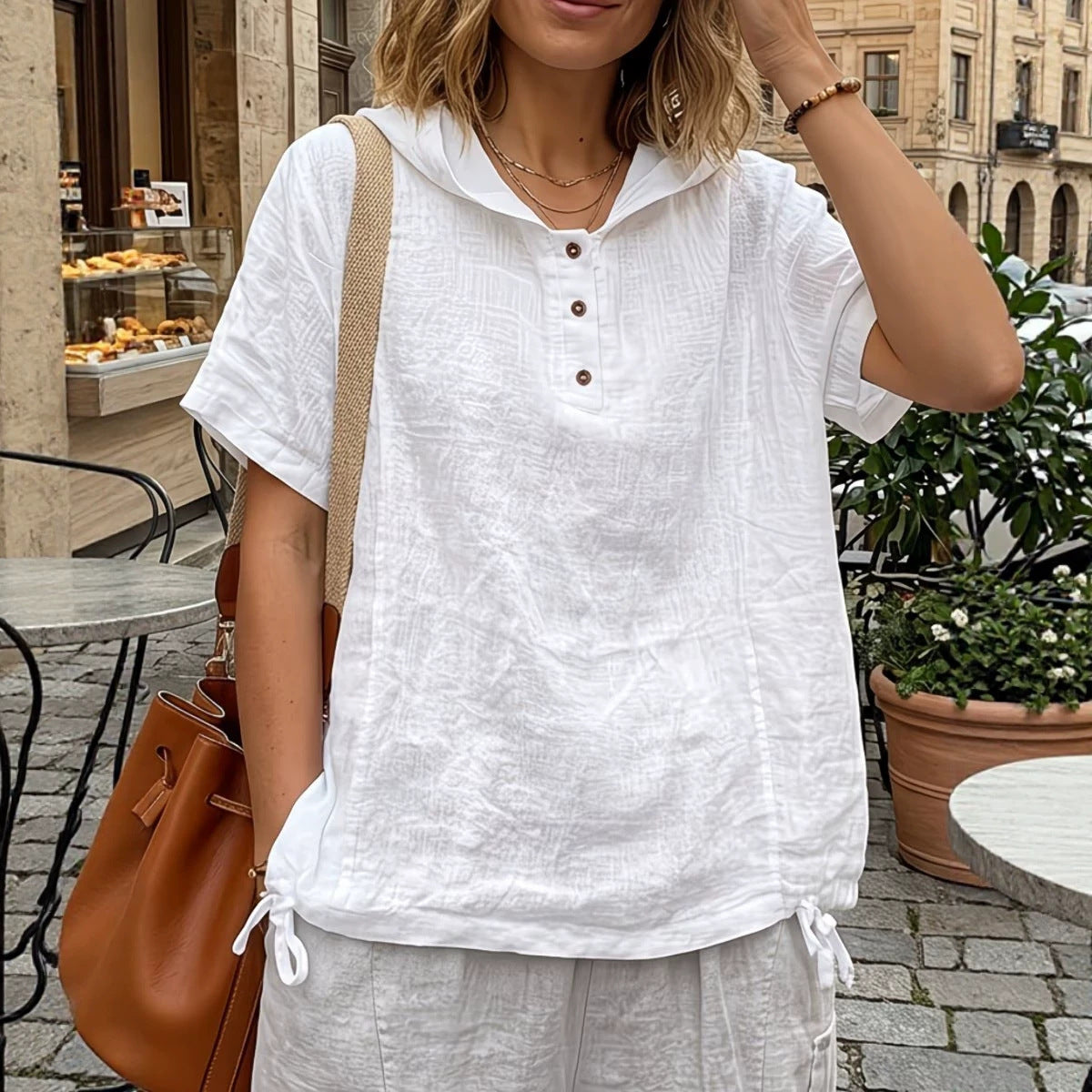 Hooded Henley Tee With Drawstring Hem - White