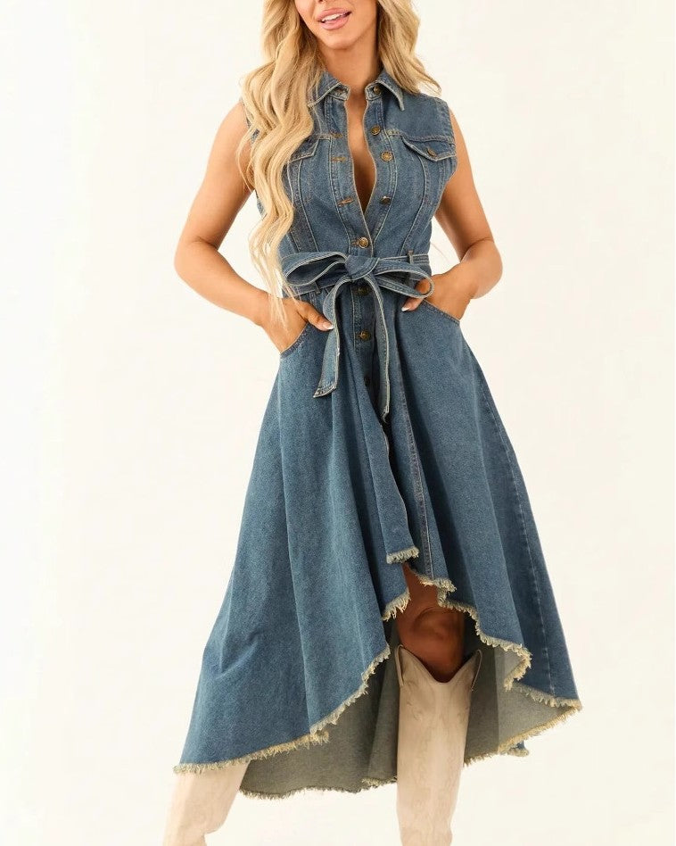 Belted Denim High Low Midi Dress - Blue