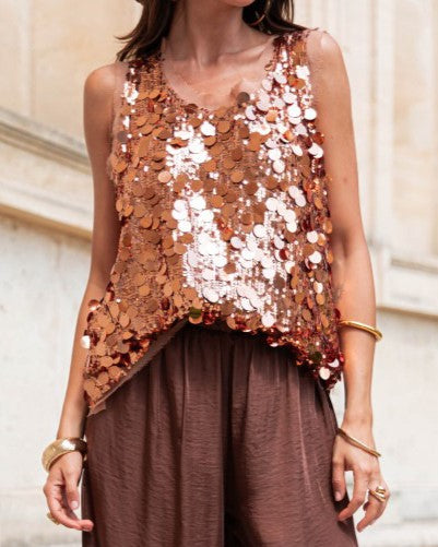Sequin Sleeveless Party Tank Top - Brown