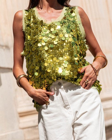 Sequin Sleeveless Party Tank Top - Yellow - 1