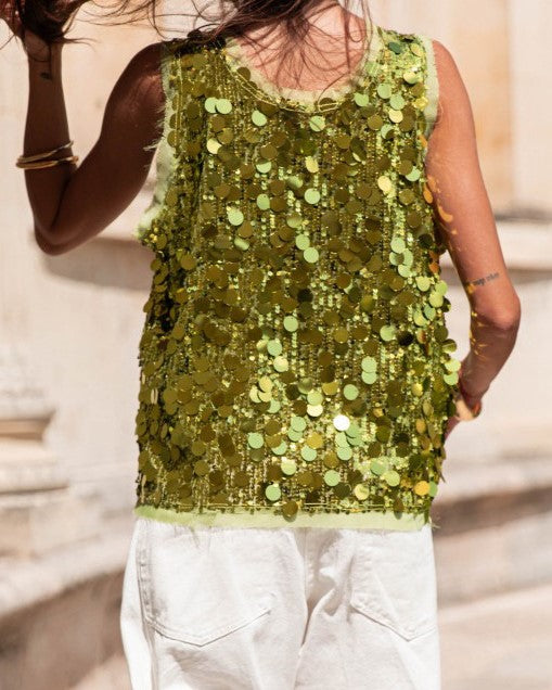 Sequin Sleeveless Party Tank Top - Yellow - 2