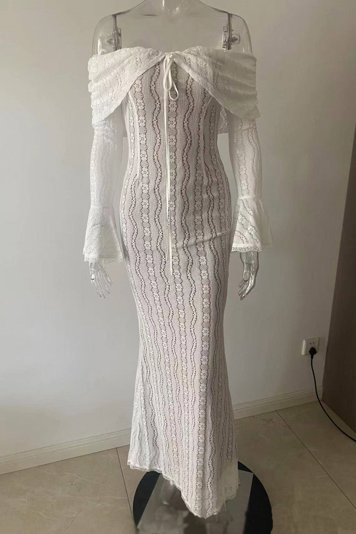 Off Shoulder Lace Maxi Dress With Flared Sleeves - white - 1