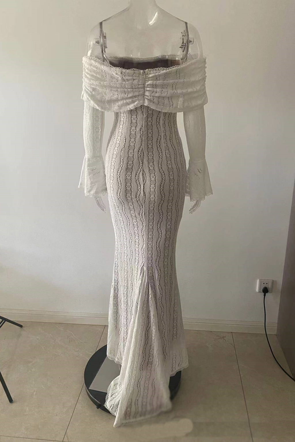 Off Shoulder Lace Maxi Dress With Flared Sleeves - white - 3