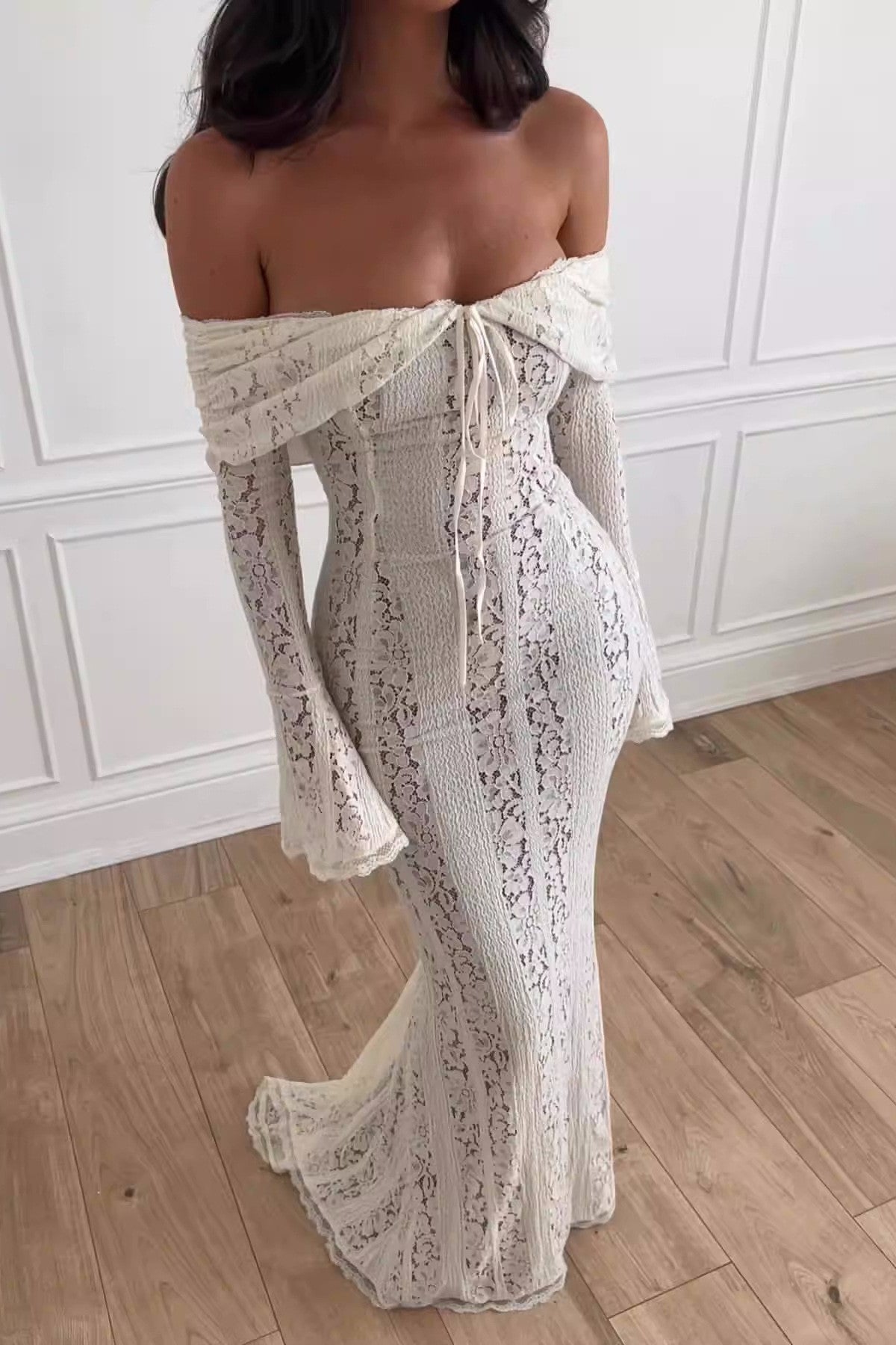 Off Shoulder Lace Maxi Dress With Flared Sleeves - white - 4