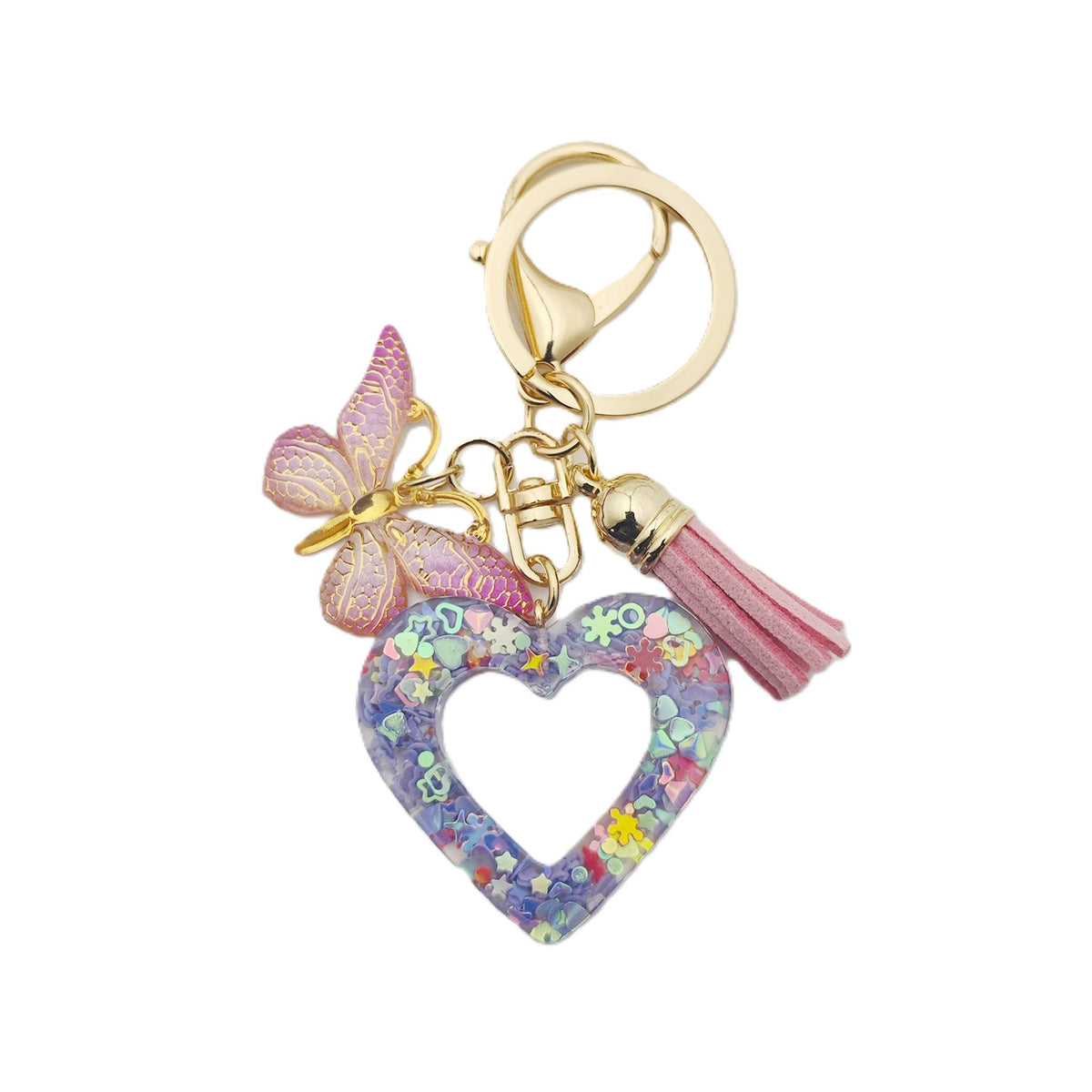 Glitter Heart Keychain With Butterfly Charm - Color_09