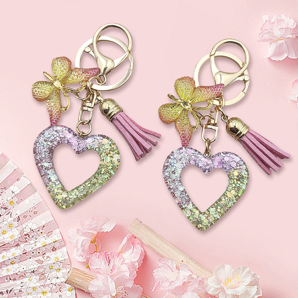 Glitter Heart Keychain With Butterfly Charm