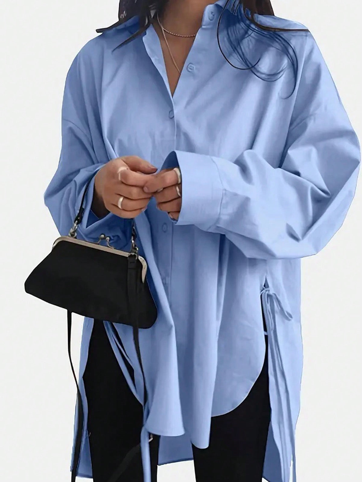 Oversized Side Tie High Low Shirt - Blue