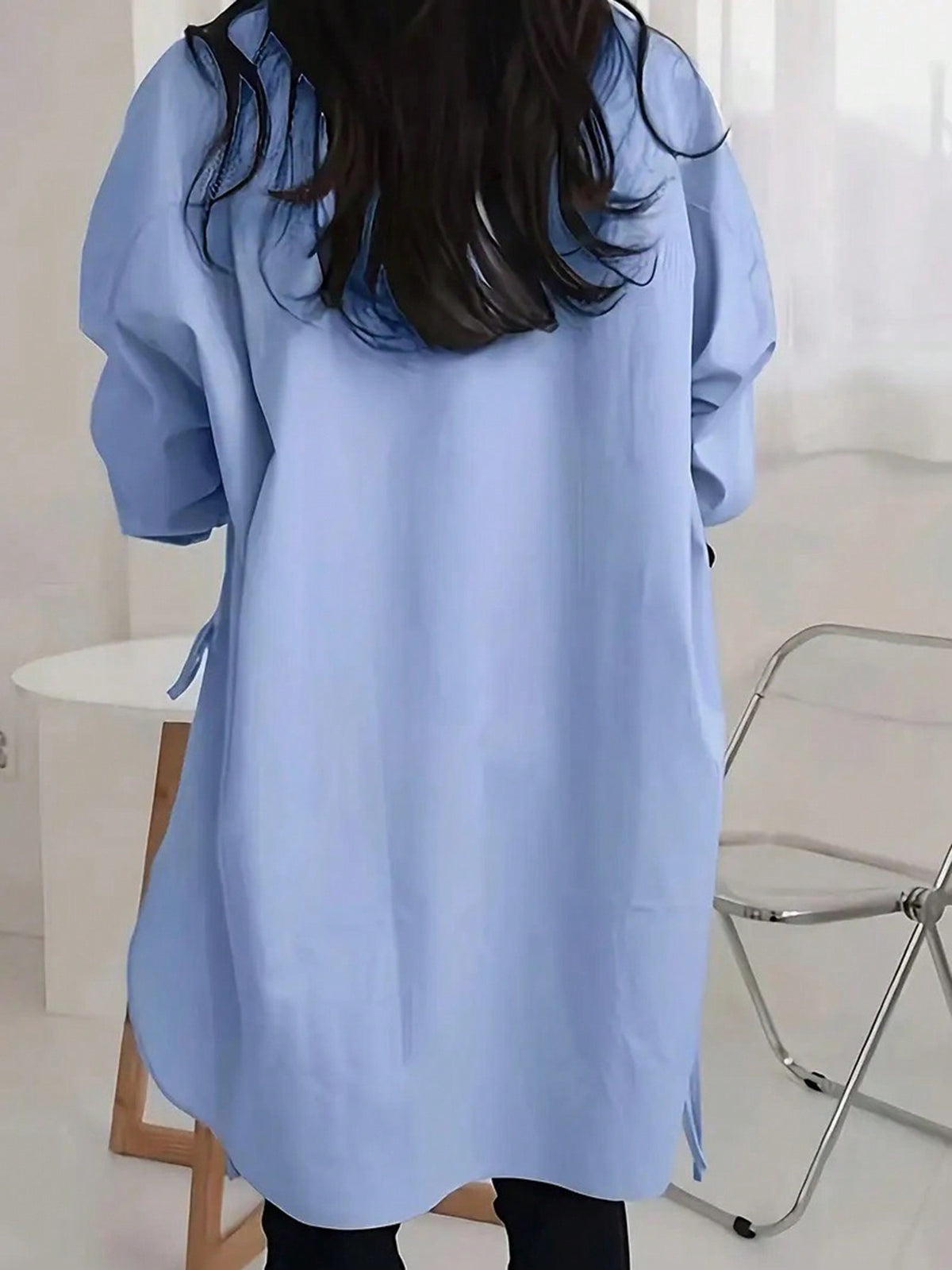 Oversized Side Tie High Low Shirt - Blue - 1