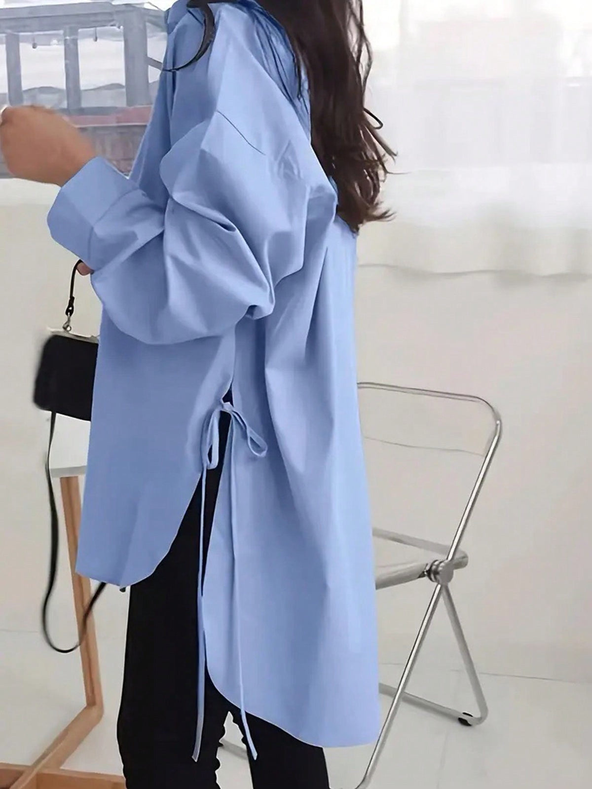 Oversized Side Tie High Low Shirt - Blue - 2