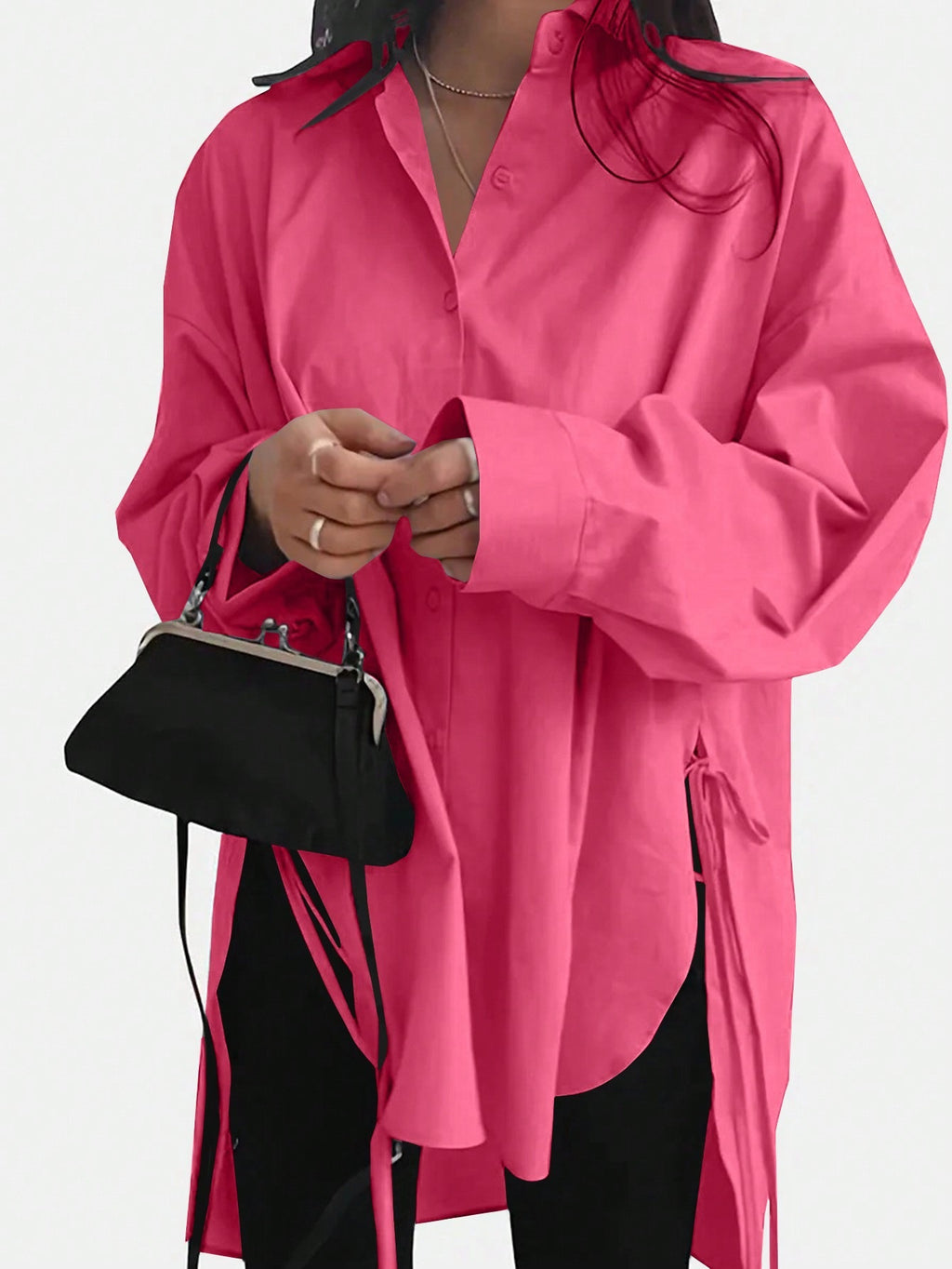 Oversized Side Tie High Low Shirt - Fuchsia
