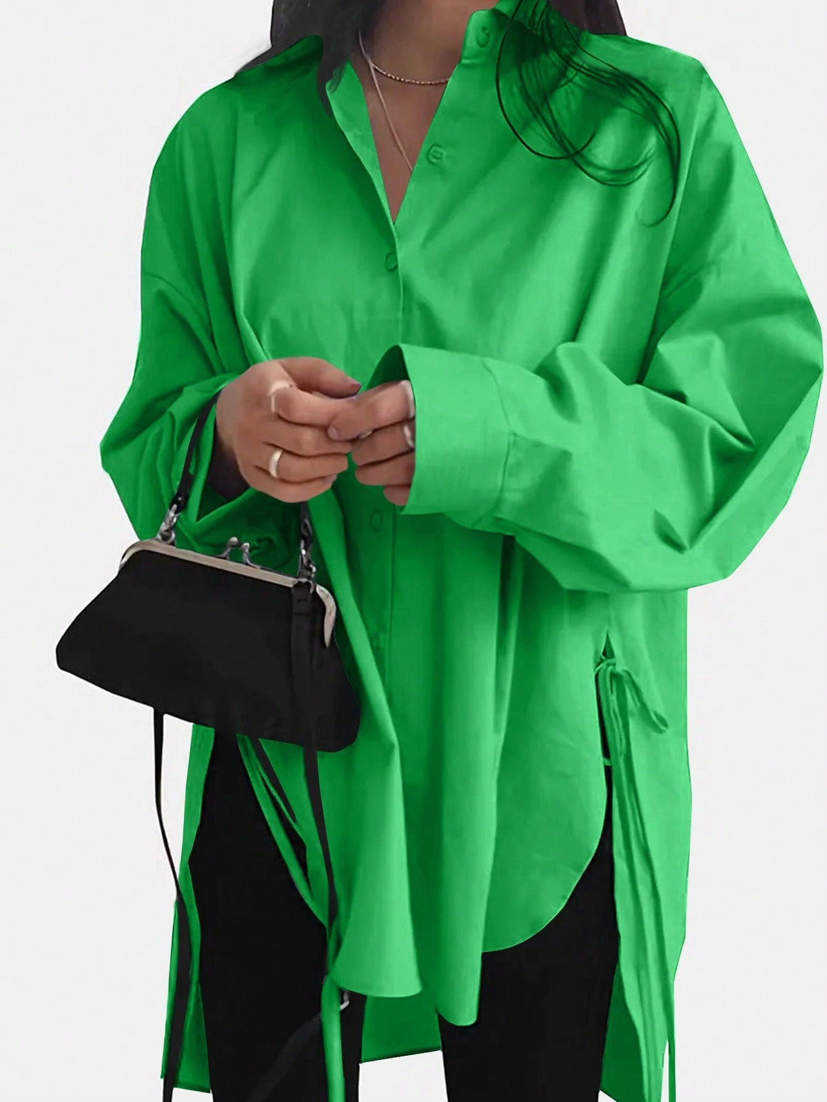 Oversized Side Tie High Low Shirt - Green