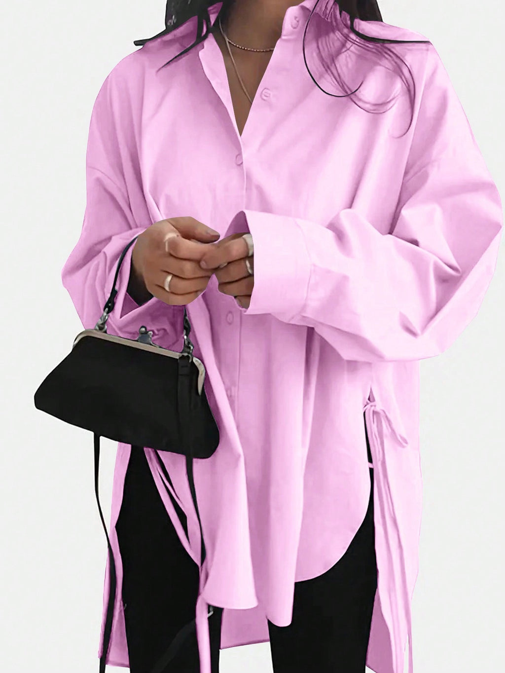 Oversized Side Tie High Low Shirt - Pink