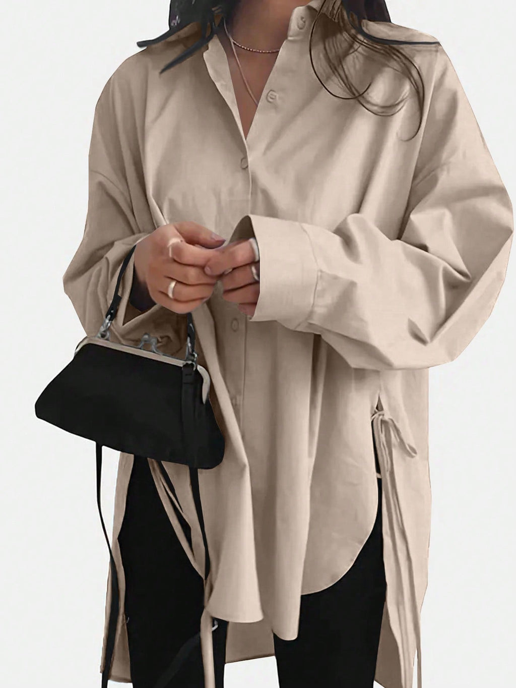 Oversized Side Tie High Low Shirt - Tan