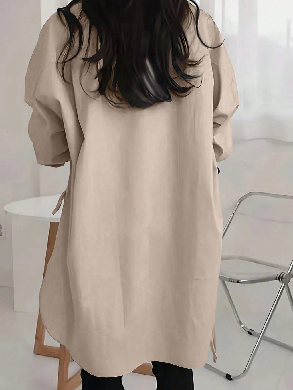 Oversized Side Tie High Low Shirt - Tan - 1
