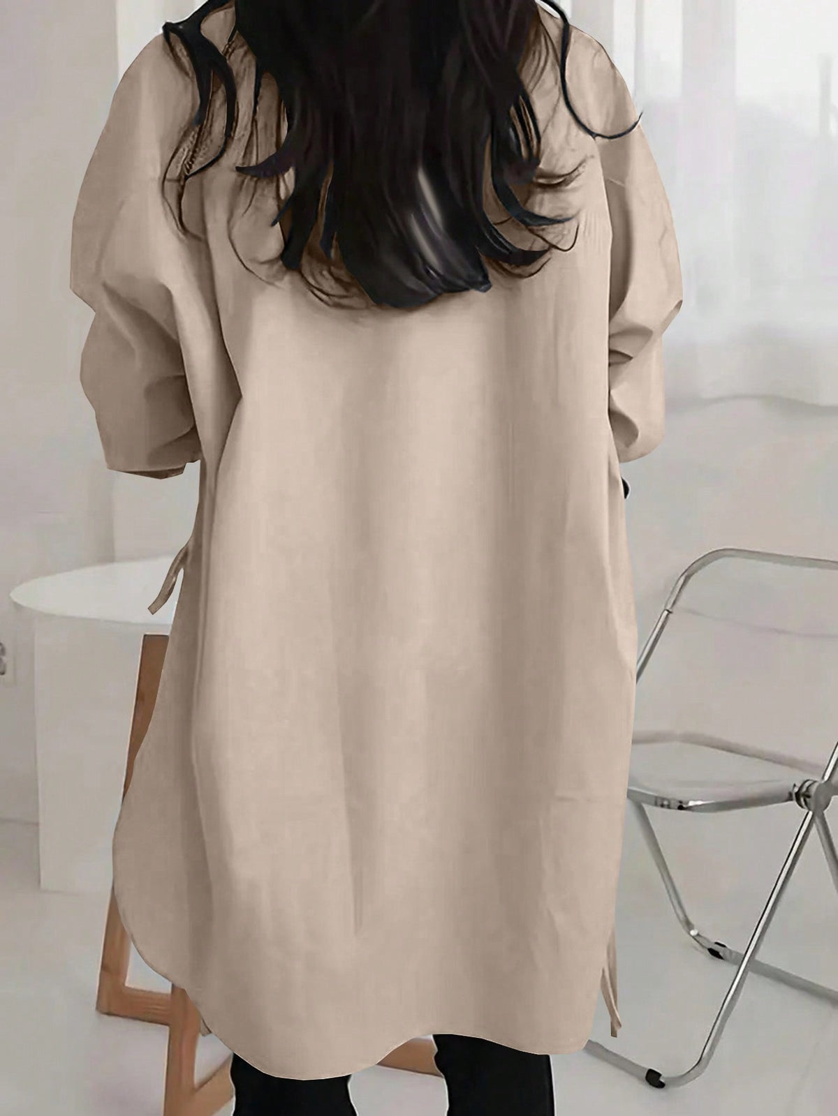 Oversized Side Tie High Low Shirt - Tan - 1