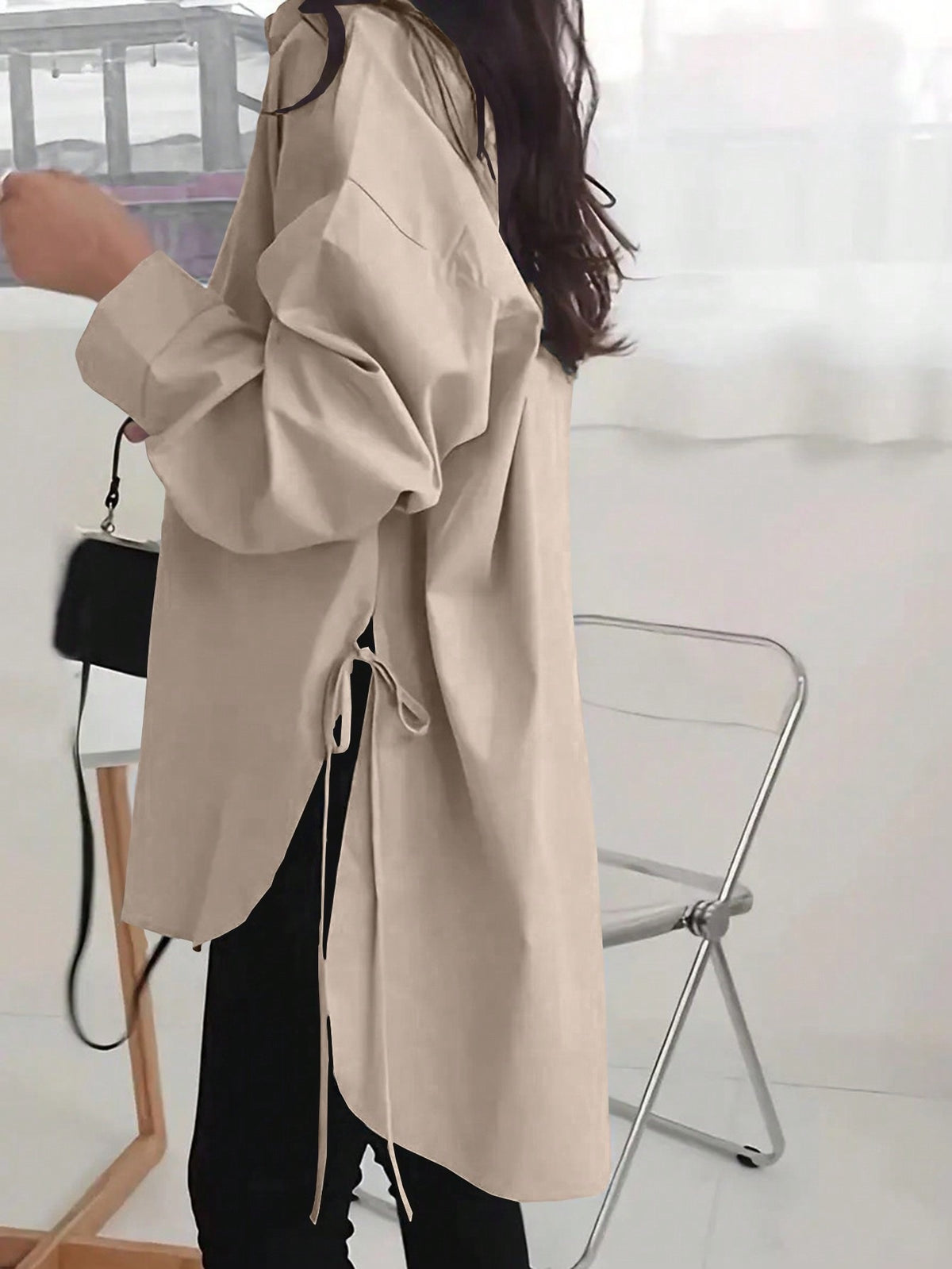 Oversized Side Tie High Low Shirt - Tan - 2