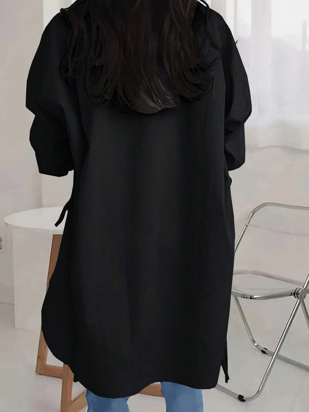 Oversized Side Tie High Low Shirt - black - 1