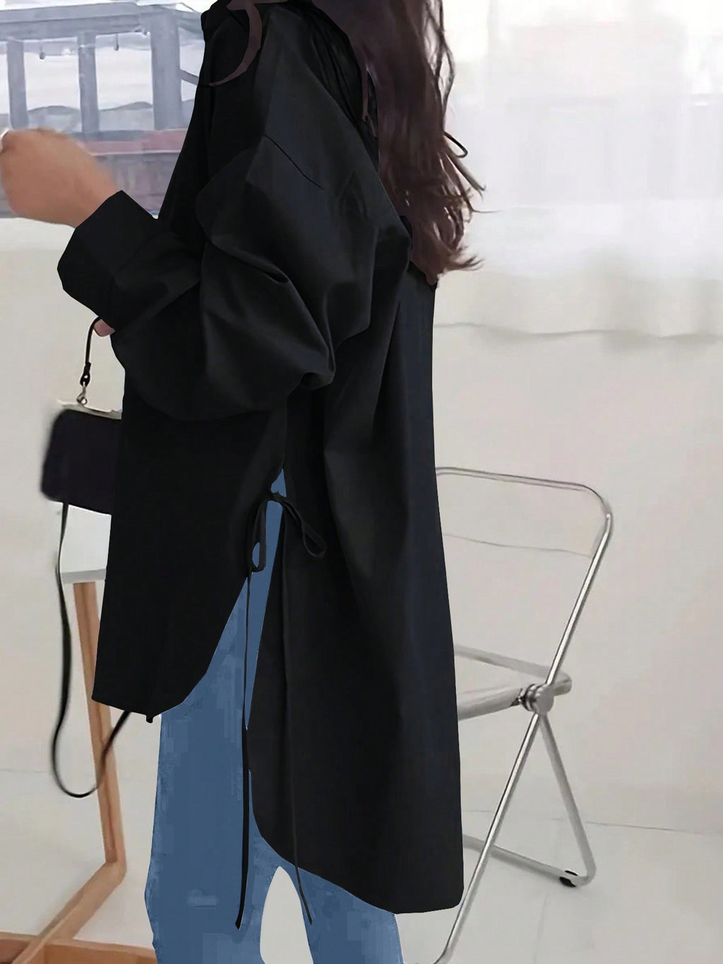 Oversized Side Tie High Low Shirt - black - 2