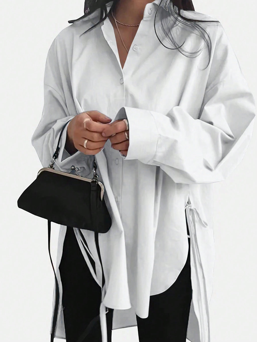 Oversized Side Tie High Low Shirt - white
