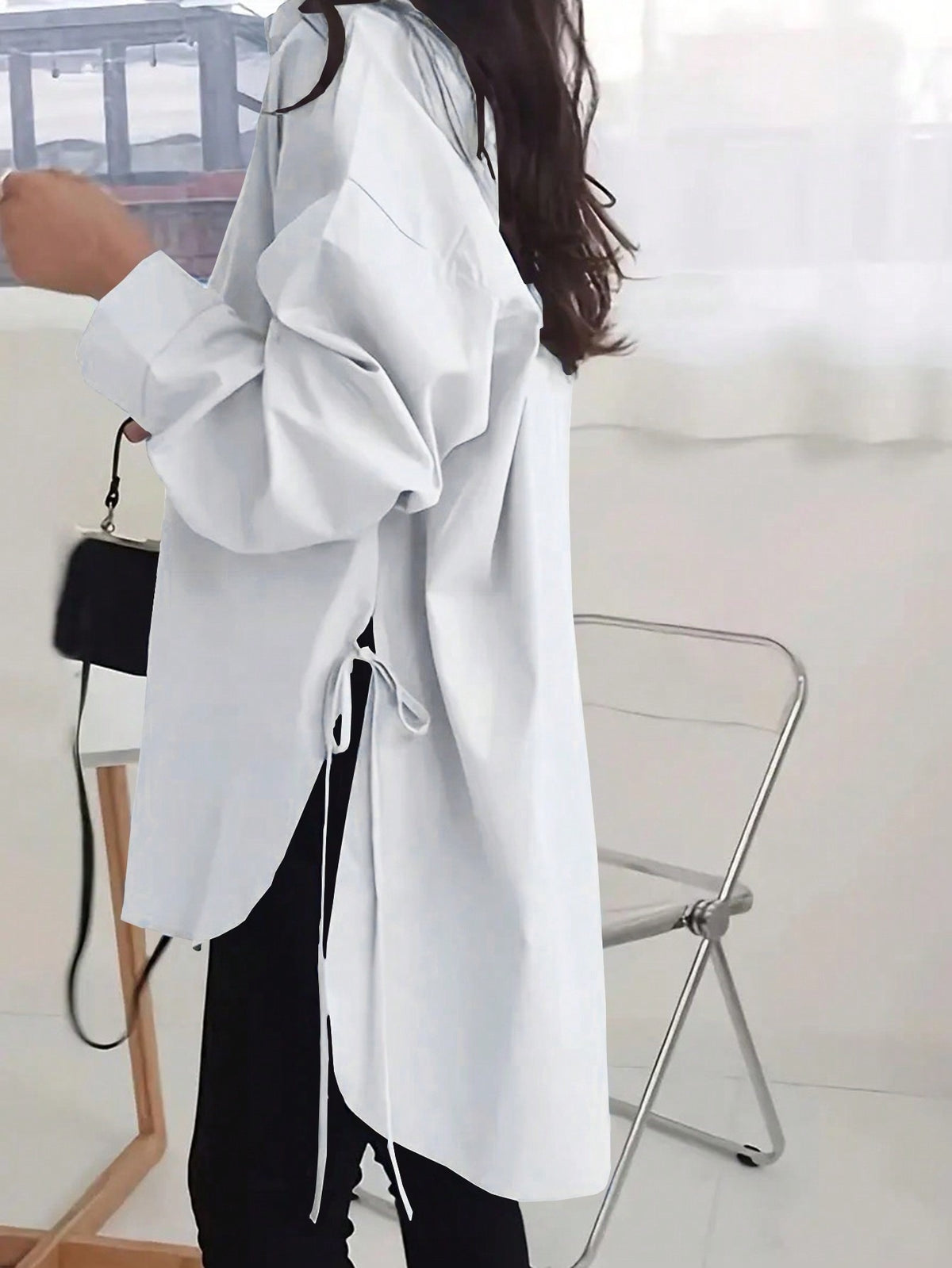 Oversized Side Tie High Low Shirt - white - 2