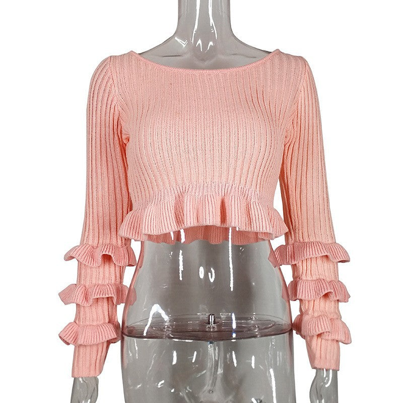 Ribbed Crop Sweater With Tiered Ruffle Sleeves - Pink - 1