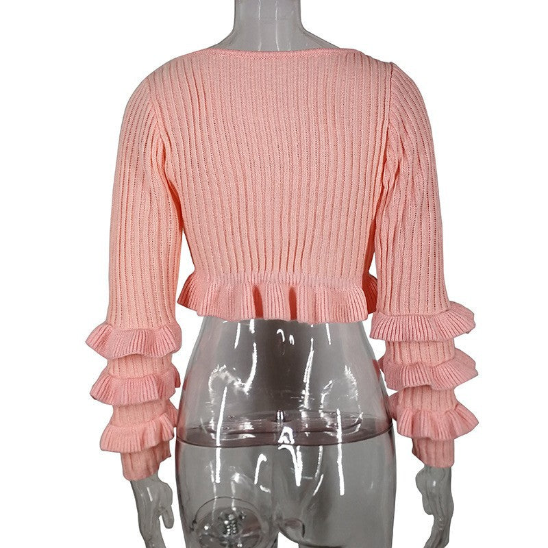 Ribbed Crop Sweater With Tiered Ruffle Sleeves - Pink - 2