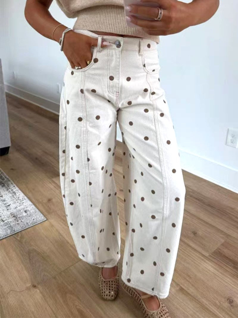 Retro Dot Print Barrel Leg Jeans - Brown