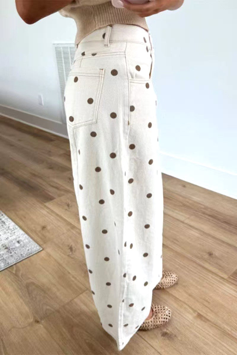 Retro Dot Print Barrel Leg Jeans - Brown - 1