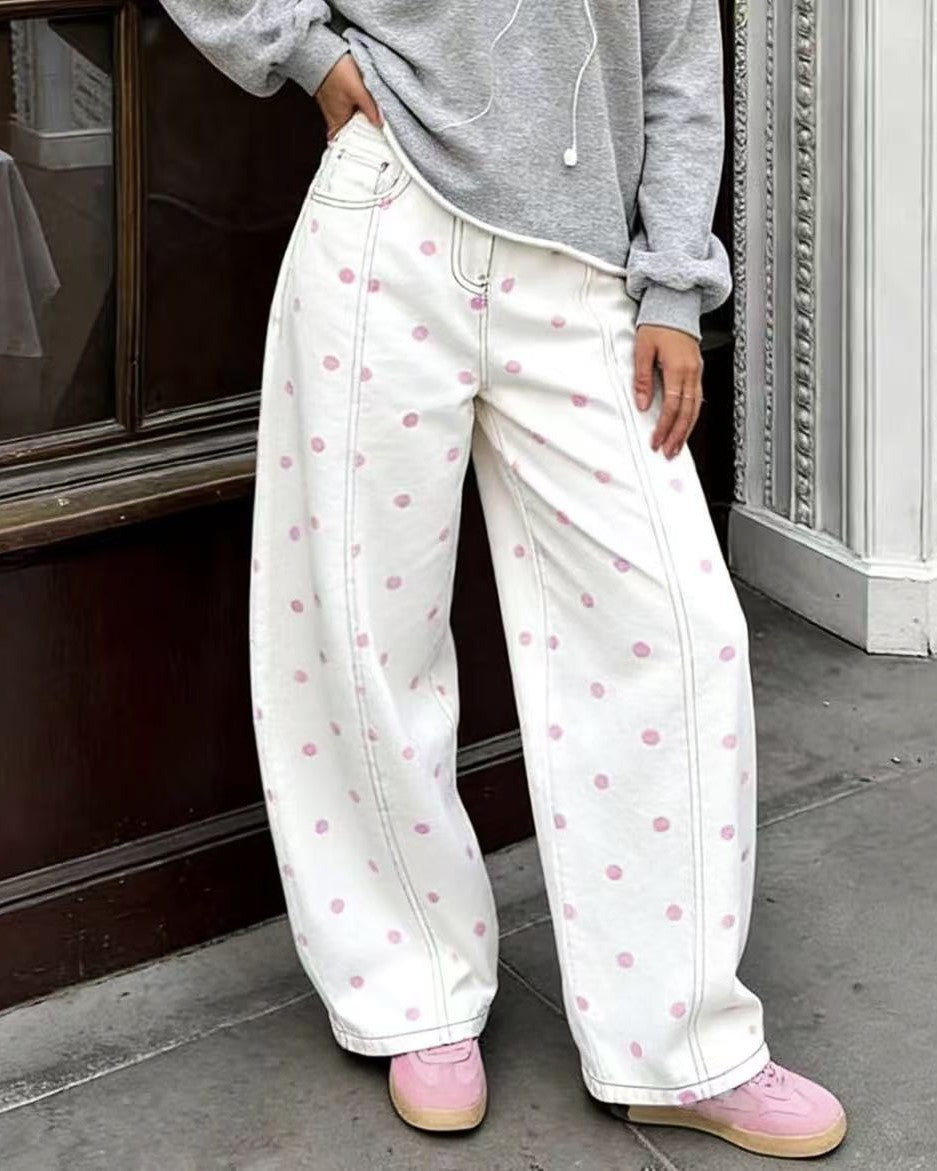 Retro Dot Print Barrel Leg Jeans - Pink