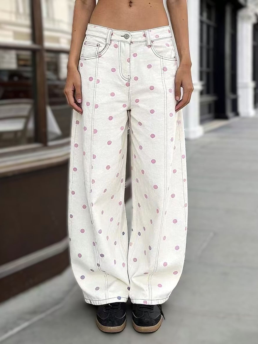 Retro Dot Print Barrel Leg Jeans - Pink - 1