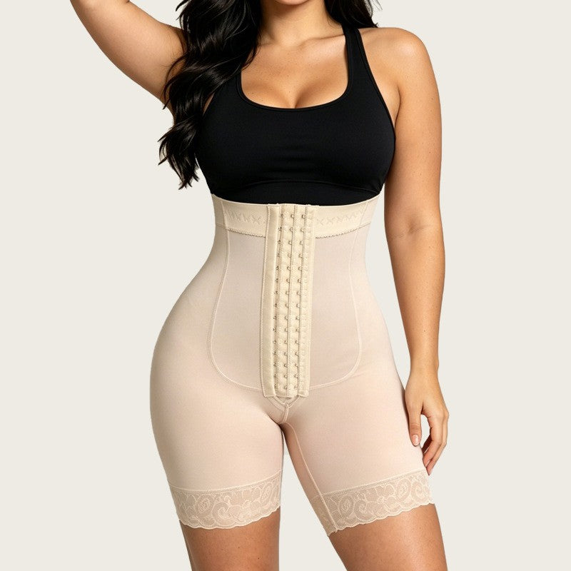 Lace Trim Hook Front Mid Thigh Shaping Bodysuit - Apricot
