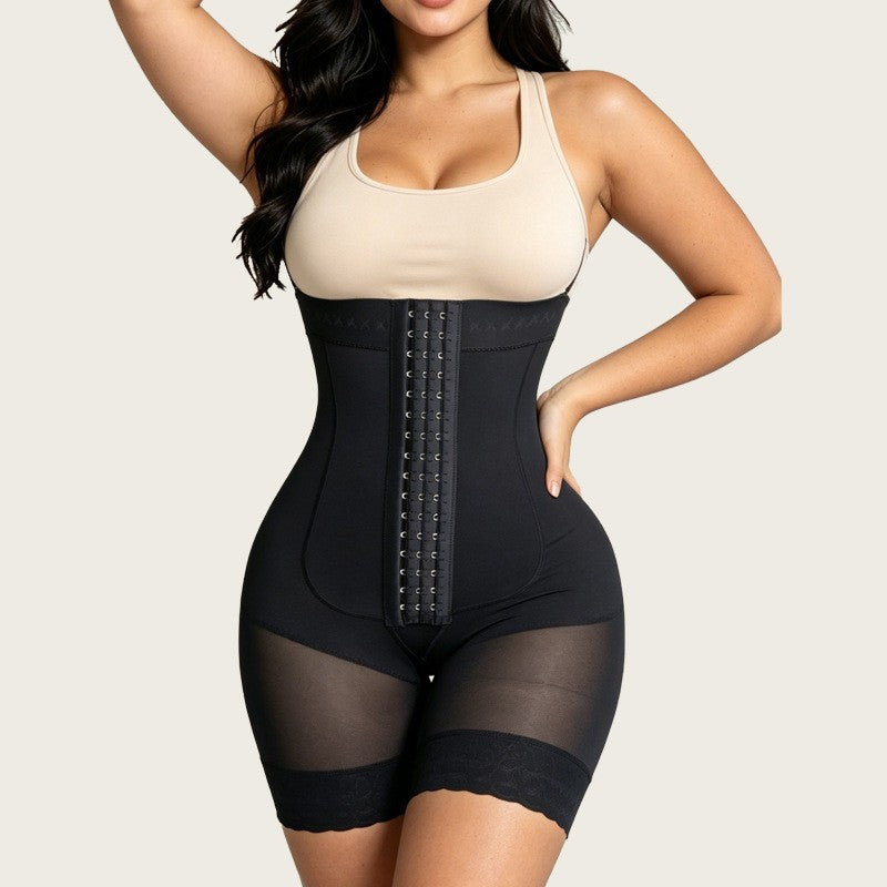 Lace Trim Hook Front Mid Thigh Shaping Bodysuit