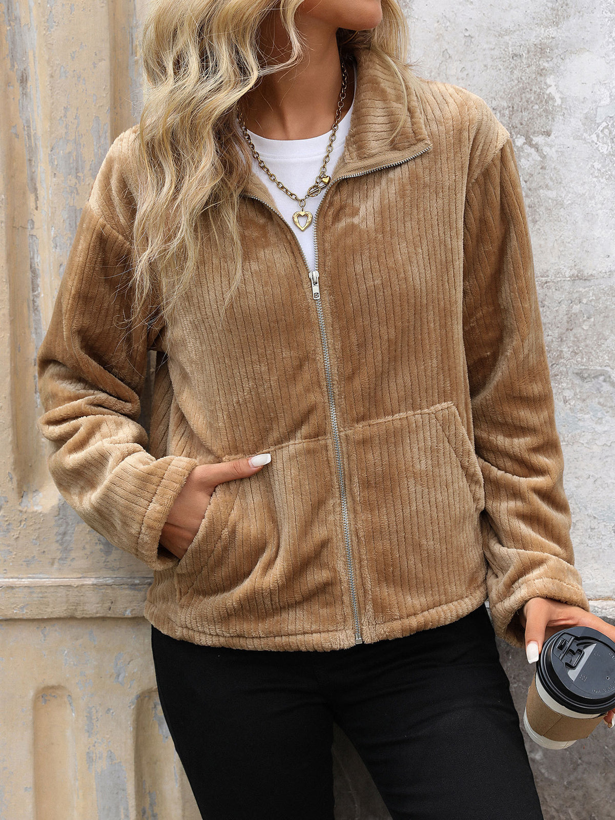 Corduroy Zip Front Fleece Jacket - Khaki