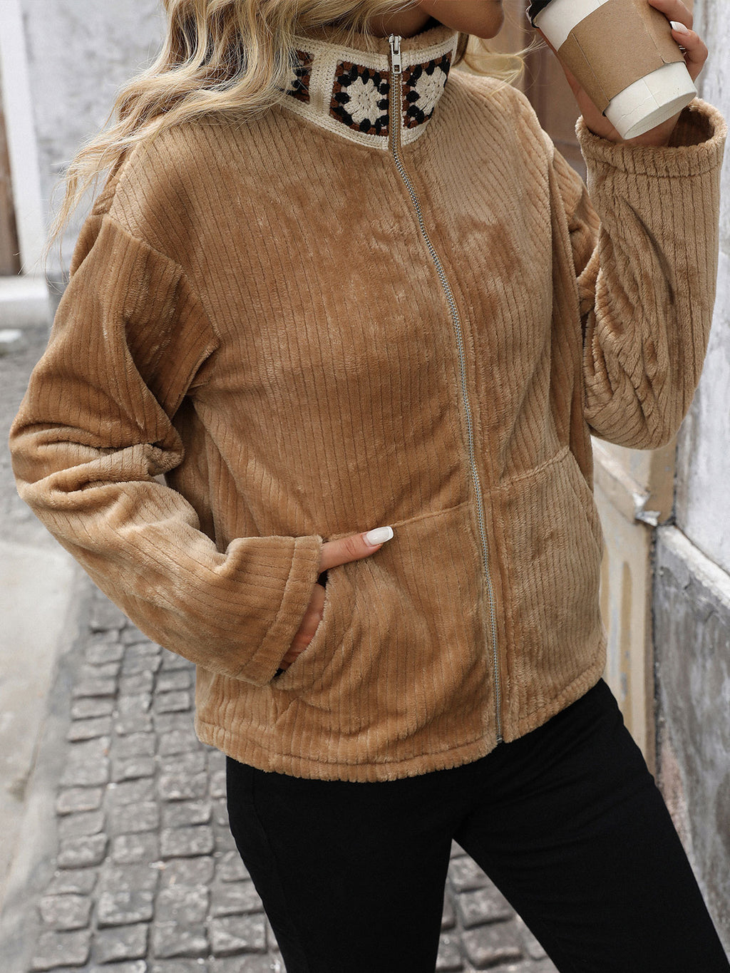 Corduroy Zip Front Fleece Jacket - Khaki - 3