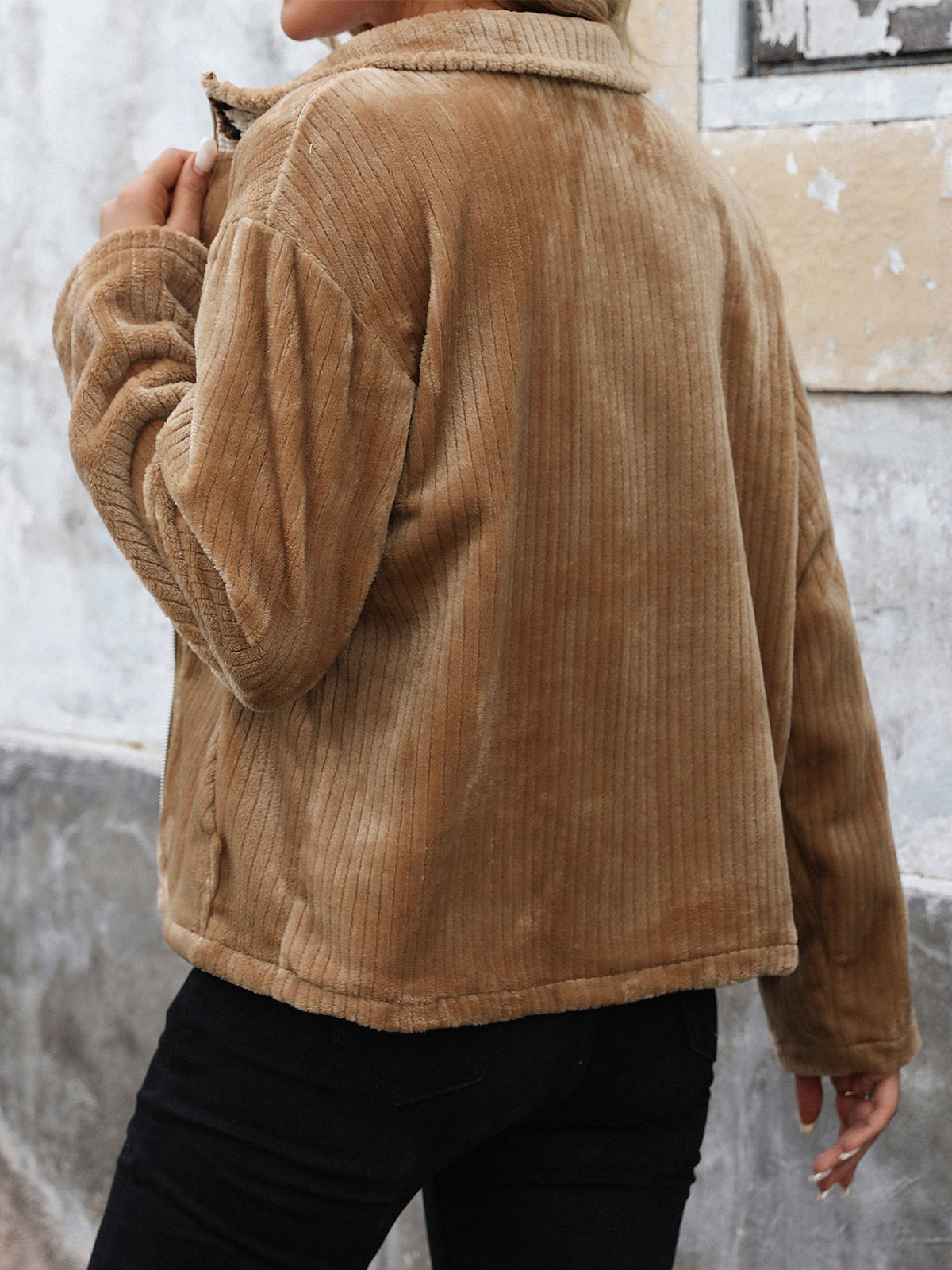 Corduroy Zip Front Fleece Jacket - Khaki - 4