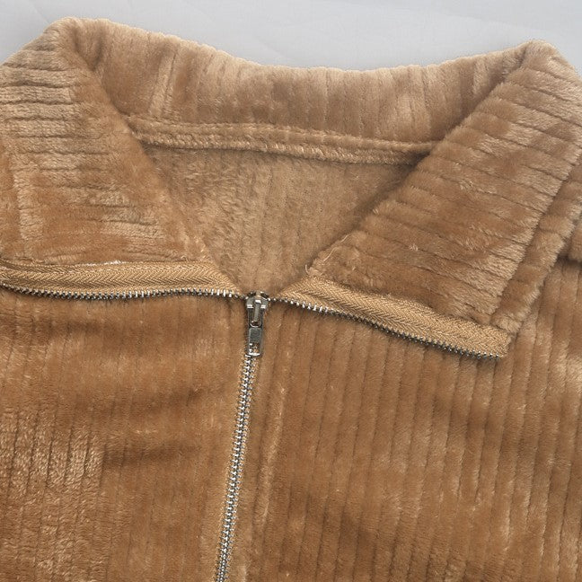 Corduroy Zip Front Fleece Jacket - Khaki - 5