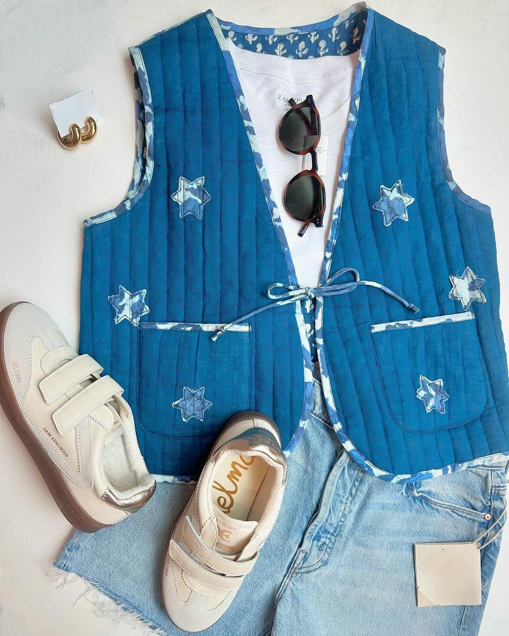 Reversible Star Print Quilted Vest - Blue