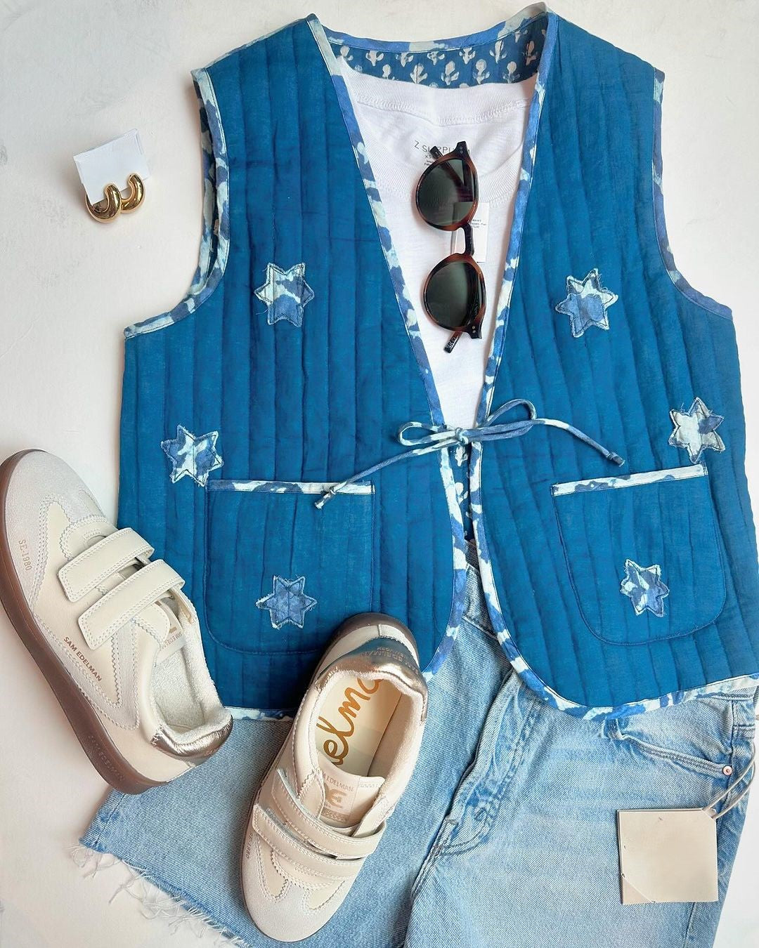 Reversible Star Print Quilted Vest - Blue