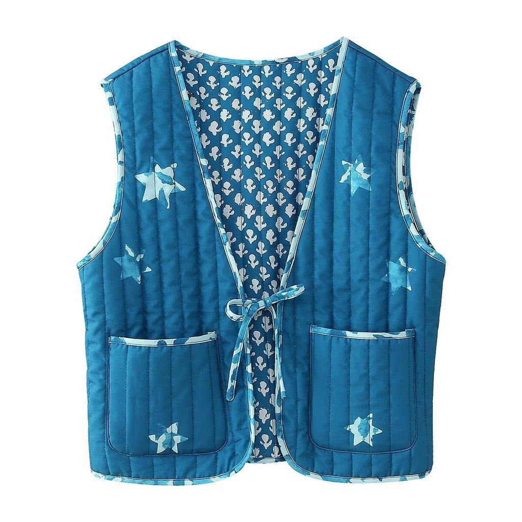 Reversible Star Print Quilted Vest - Blue - 1
